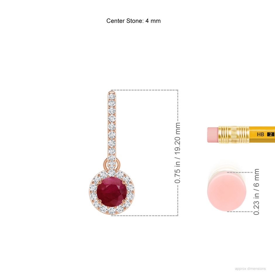 4mm A Round Ruby Dangle Earrings with Diamond Halo in Rose Gold ruler