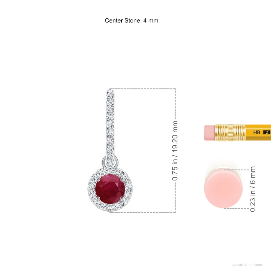 4mm A Round Ruby Dangle Earrings with Diamond Halo in White Gold ruler
