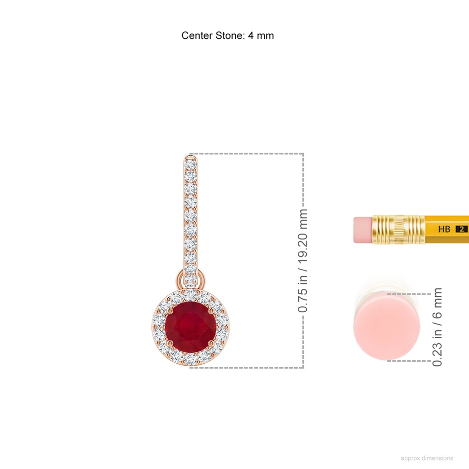 4mm AA Round Ruby Dangle Earrings with Diamond Halo in Rose Gold ruler