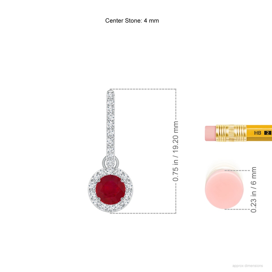 4mm AA Round Ruby Dangle Earrings with Diamond Halo in White Gold ruler