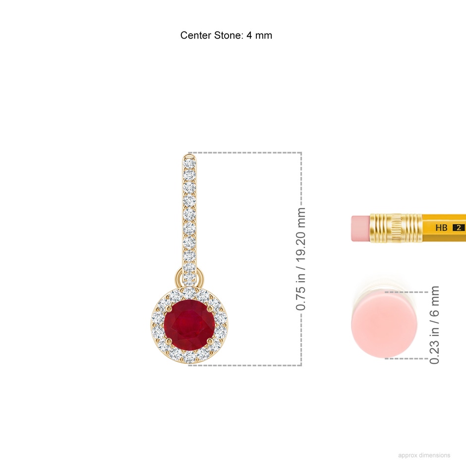 4mm AA Round Ruby Dangle Earrings with Diamond Halo in Yellow Gold ruler