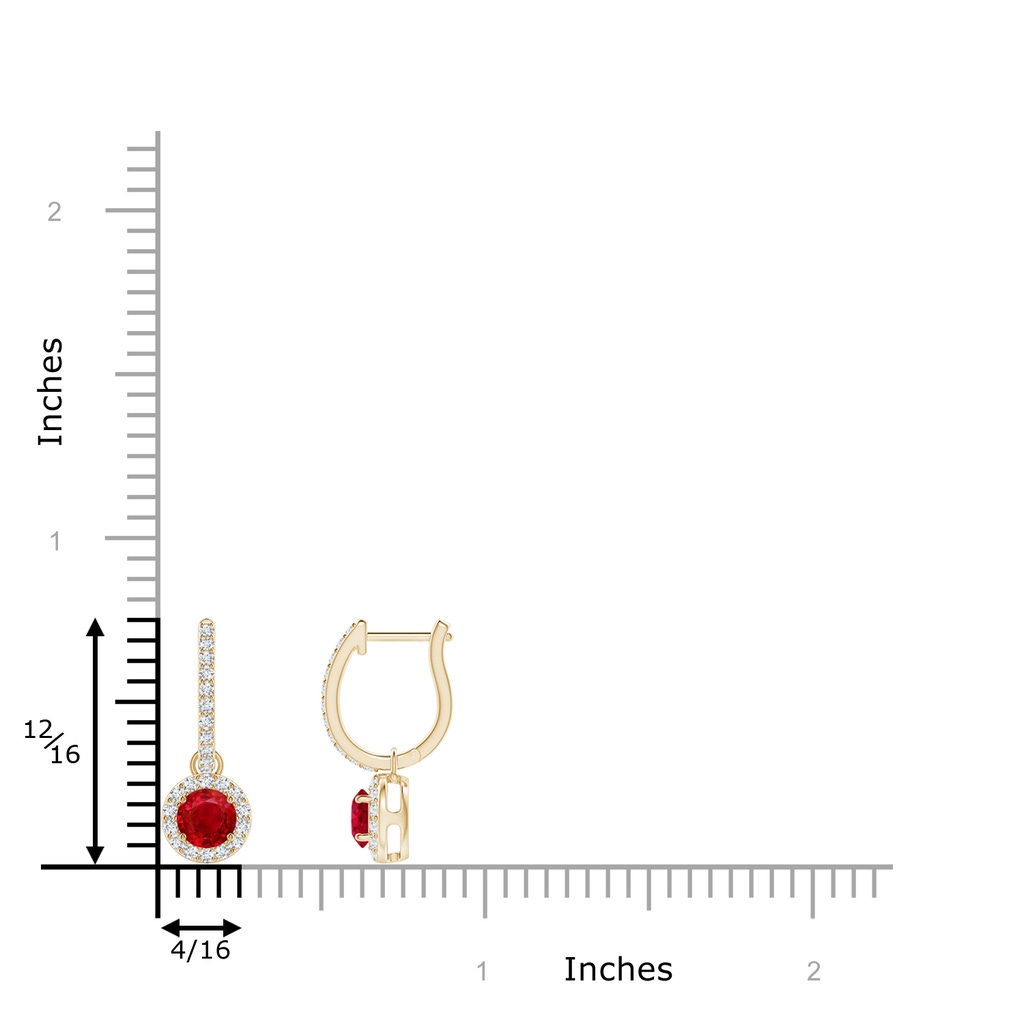 4mm AAA Round Ruby Dangle Earrings with Diamond Halo in 10K Yellow Gold ruler