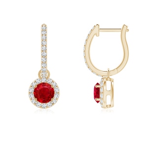 4mm AAA Round Ruby Dangle Earrings with Diamond Halo in 9K Yellow Gold