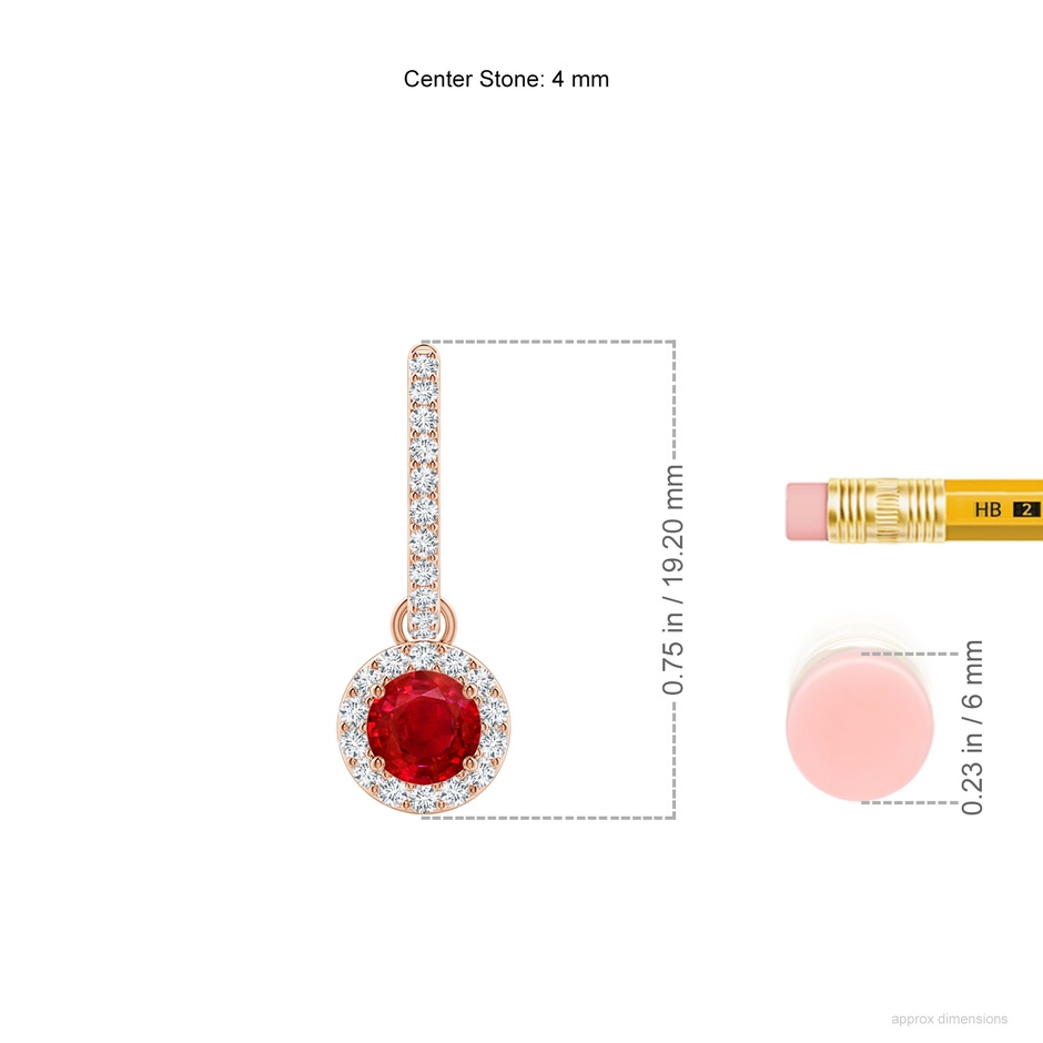 4mm AAA Round Ruby Dangle Earrings with Diamond Halo in Rose Gold ruler
