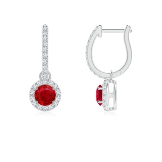 4mm AAA Round Ruby Dangle Earrings with Diamond Halo in White Gold