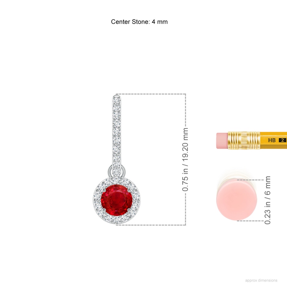 4mm AAA Round Ruby Dangle Earrings with Diamond Halo in White Gold ruler