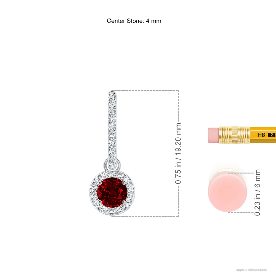 4mm AAAA Round Ruby Dangle Earrings with Diamond Halo in P950 Platinum ruler