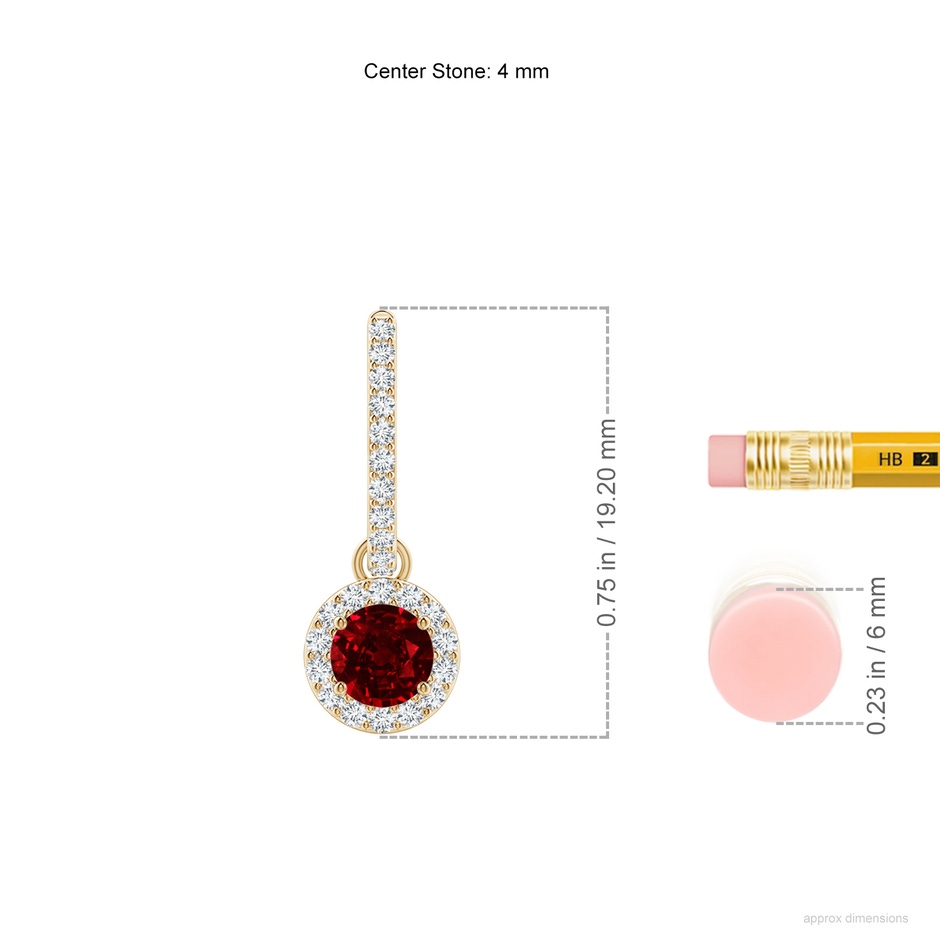 4mm AAAA Round Ruby Dangle Earrings with Diamond Halo in Yellow Gold ruler
