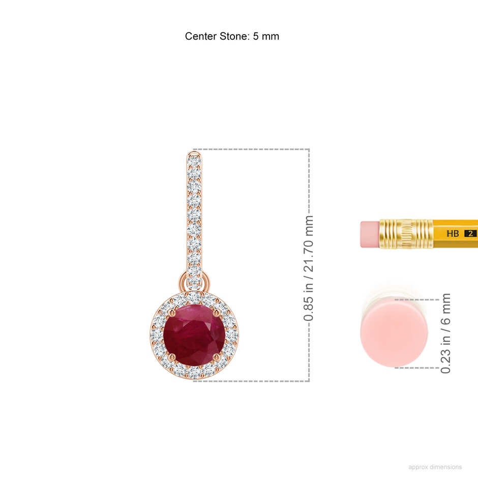 5mm A Round Ruby Dangle Earrings with Diamond Halo in Rose Gold ruler