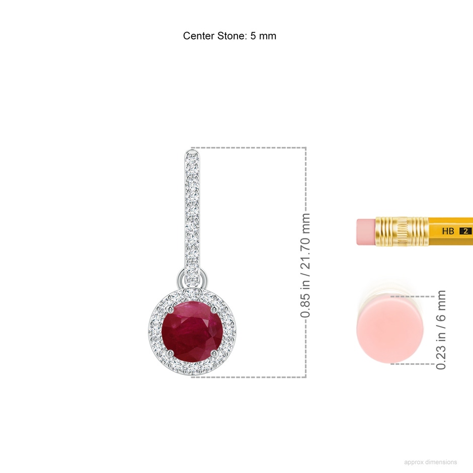 5mm A Round Ruby Dangle Earrings with Diamond Halo in White Gold ruler