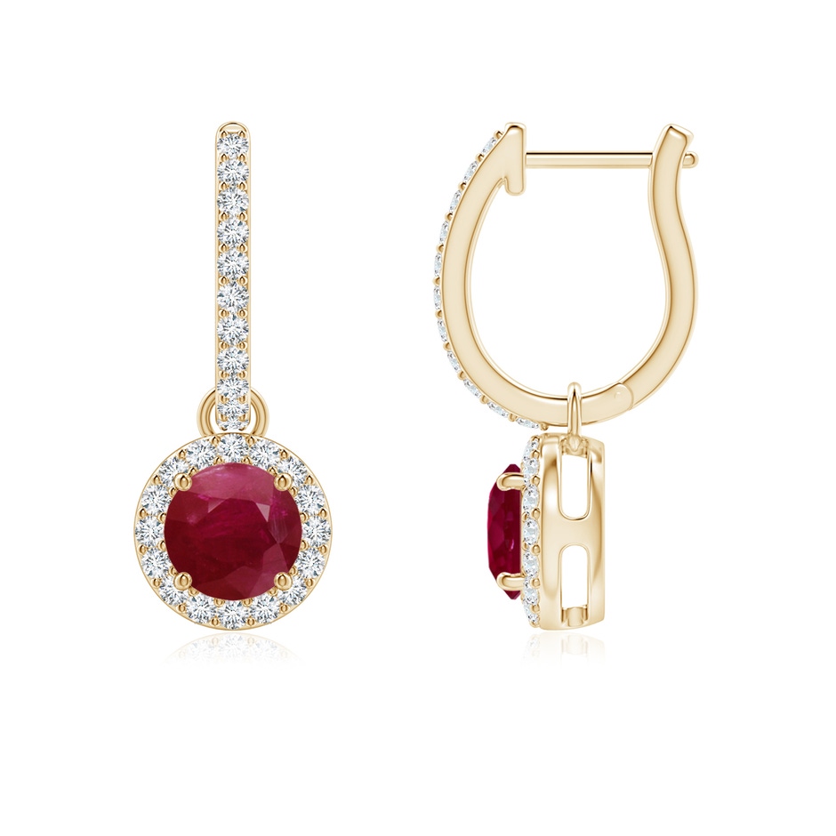 5mm A Round Ruby Dangle Earrings with Diamond Halo in Yellow Gold 