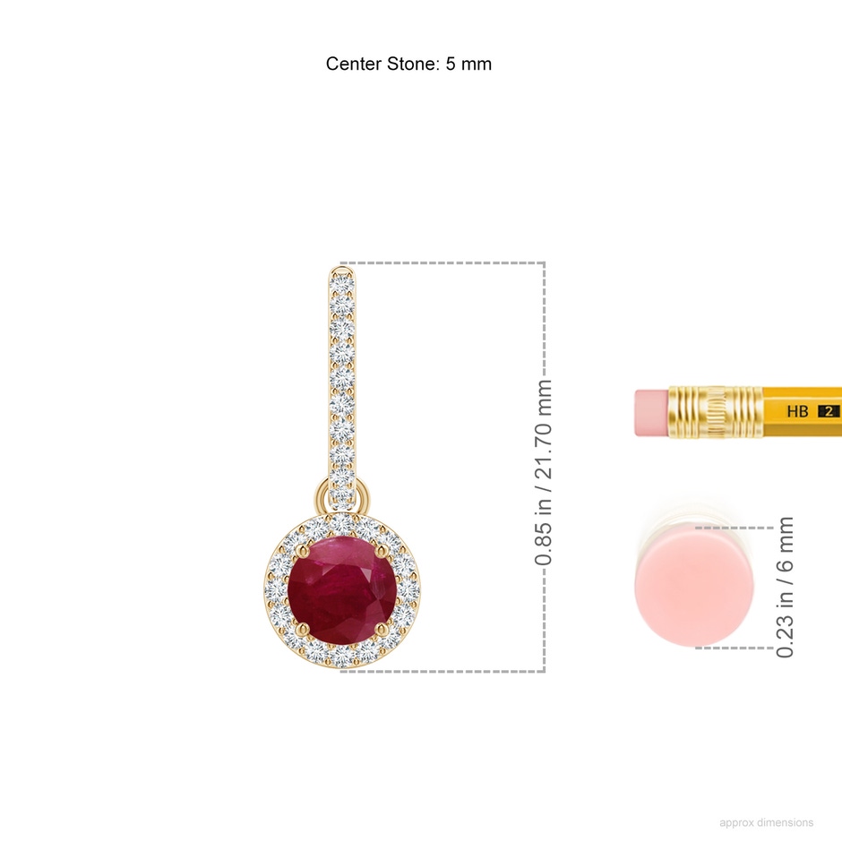 5mm A Round Ruby Dangle Earrings with Diamond Halo in Yellow Gold ruler