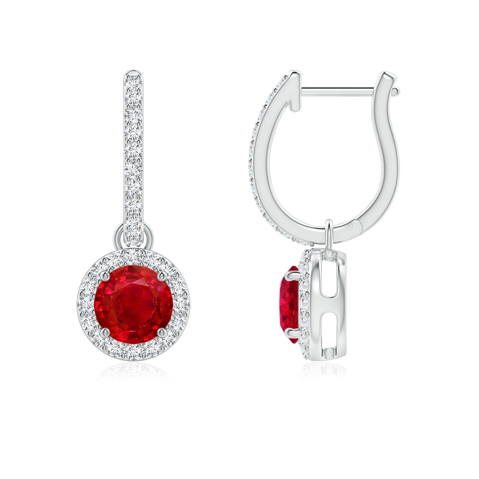 5mm AAA Round Ruby Dangle Earrings with Diamond Halo in P950 Platinum 