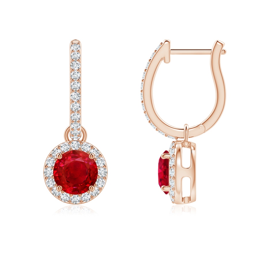 5mm AAA Round Ruby Dangle Earrings with Diamond Halo in Rose Gold 
