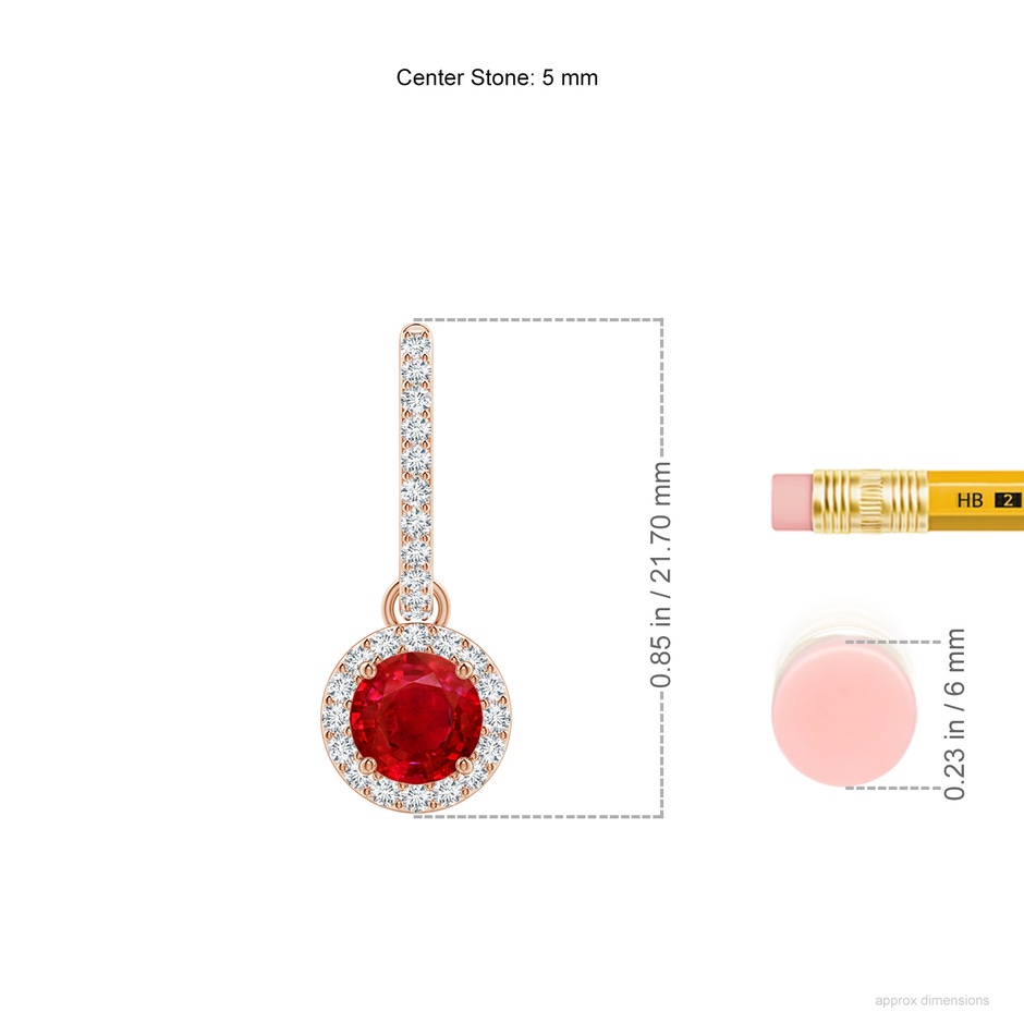 5mm AAA Round Ruby Dangle Earrings with Diamond Halo in Rose Gold ruler