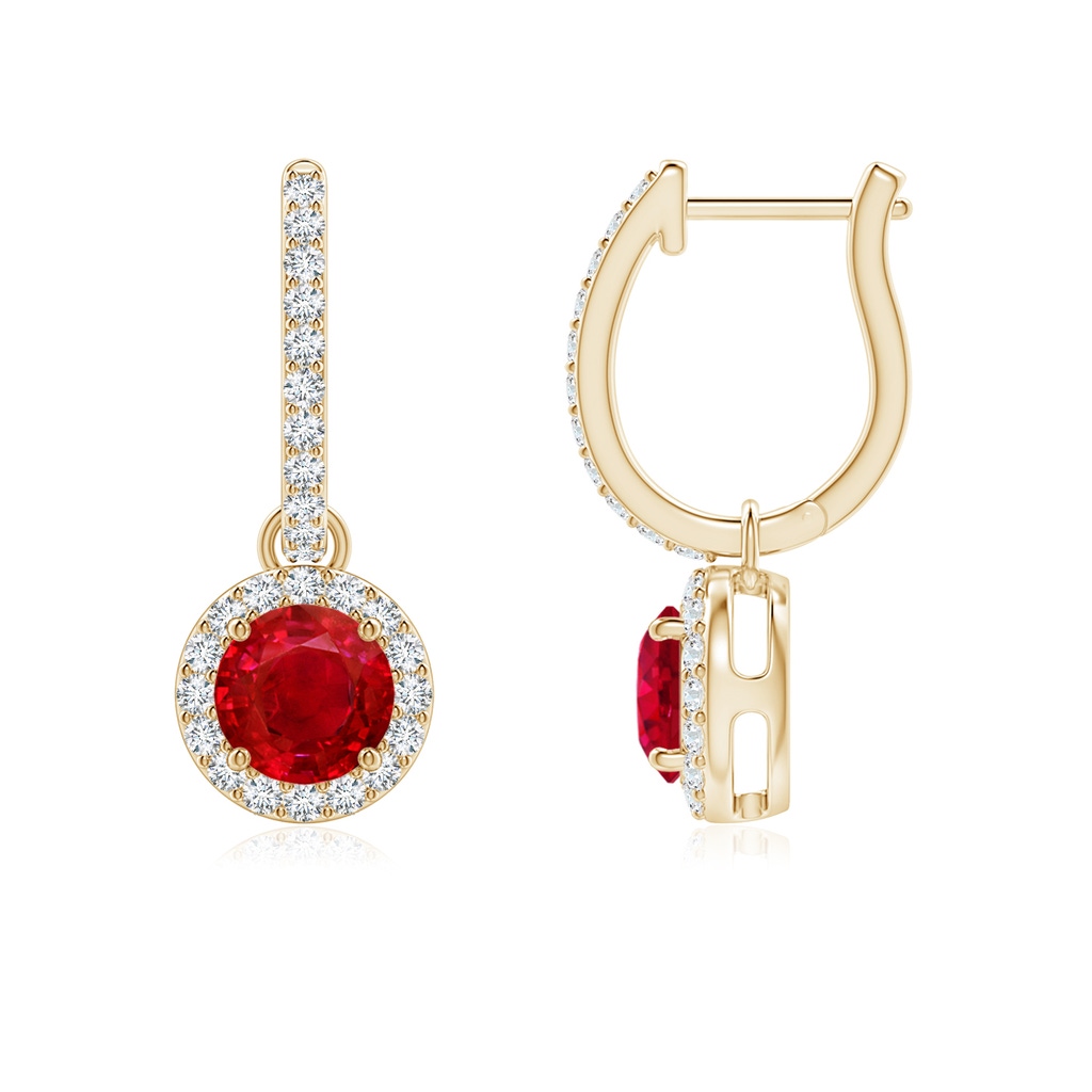 5mm AAA Round Ruby Dangle Earrings with Diamond Halo in Yellow Gold