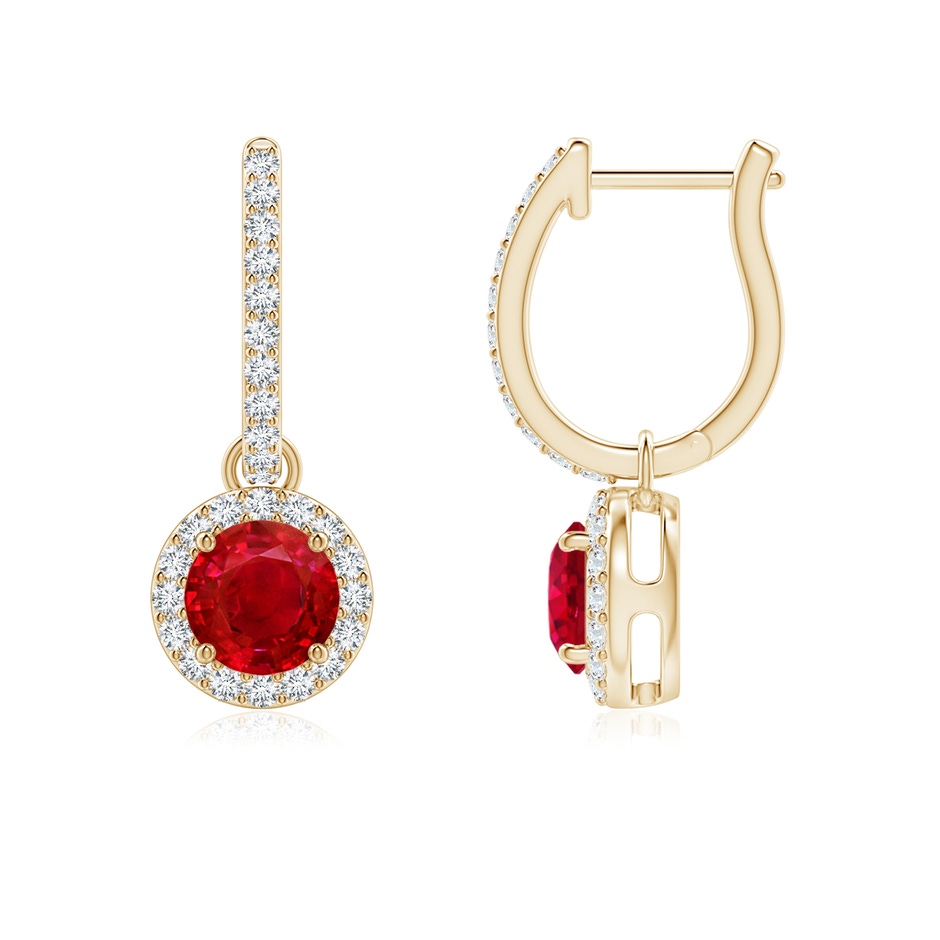 5mm AAA Round Ruby Dangle Earrings with Diamond Halo in Yellow Gold 