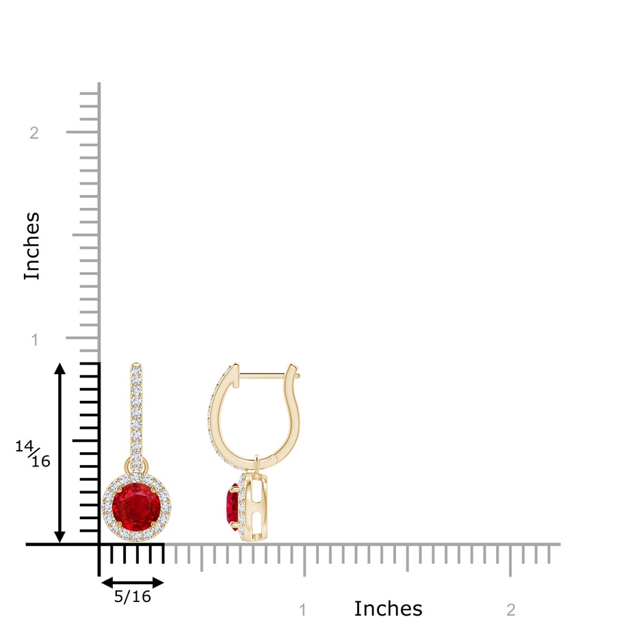 5mm AAA Round Ruby Dangle Earrings with Diamond Halo in Yellow Gold ruler