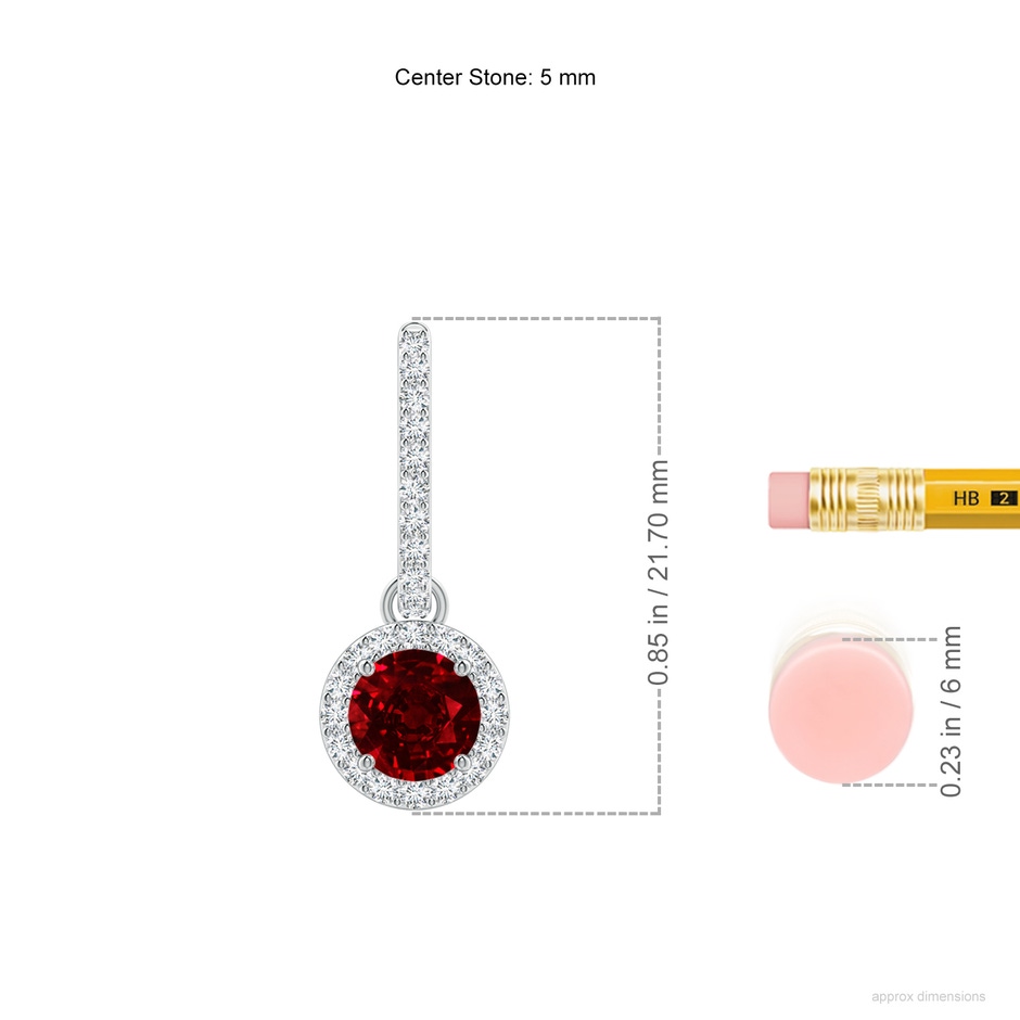 5mm AAAA Round Ruby Dangle Earrings with Diamond Halo in P950 Platinum ruler