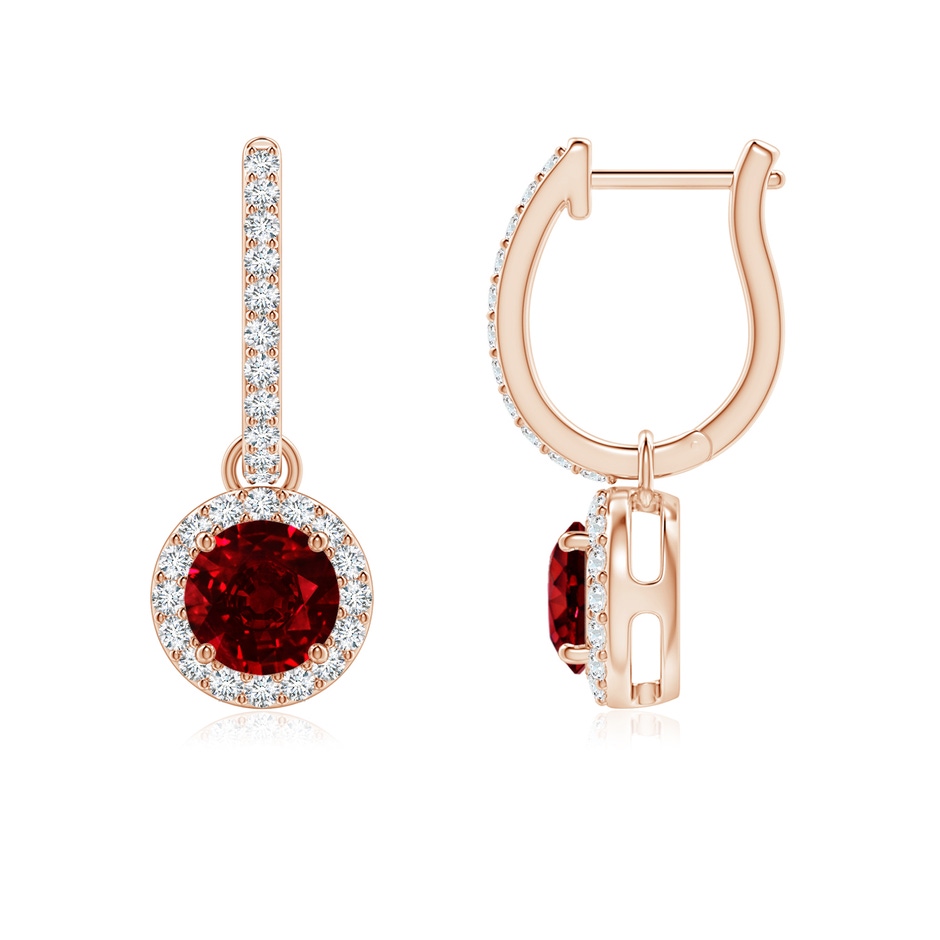 5mm AAAA Round Ruby Dangle Earrings with Diamond Halo in Rose Gold 