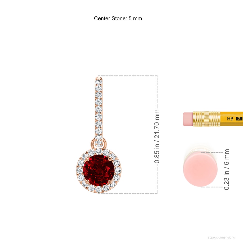 5mm AAAA Round Ruby Dangle Earrings with Diamond Halo in Rose Gold ruler
