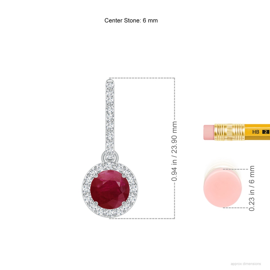 6mm A Round Ruby Dangle Earrings with Diamond Halo in White Gold ruler