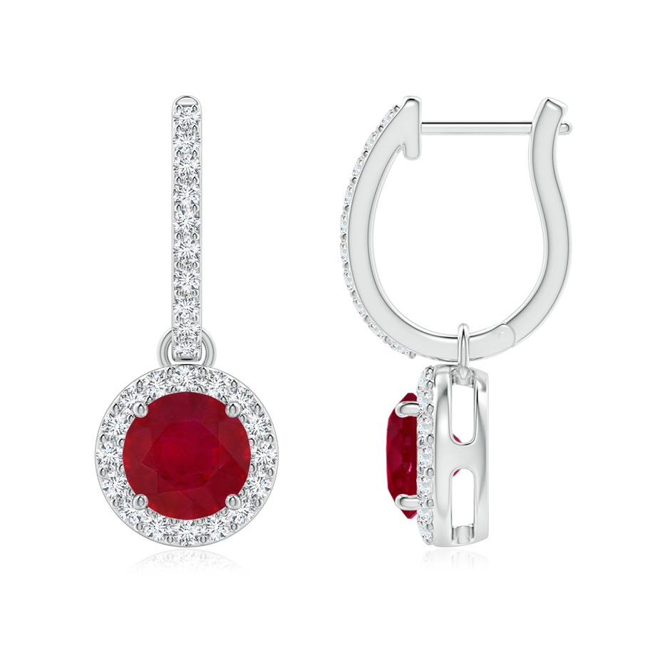 6mm AA Round Ruby Dangle Earrings with Diamond Halo in White Gold 