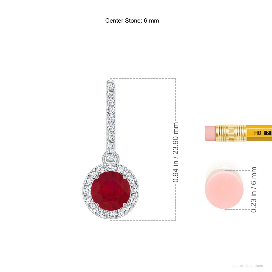 6mm AA Round Ruby Dangle Earrings with Diamond Halo in White Gold ruler