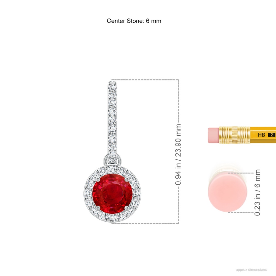 6mm AAA Round Ruby Dangle Earrings with Diamond Halo in P950 Platinum ruler