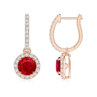 6mm AAA Round Ruby Dangle Earrings with Diamond Halo in Rose Gold