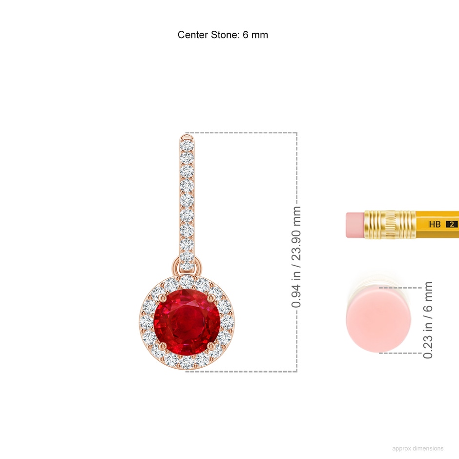 6mm AAA Round Ruby Dangle Earrings with Diamond Halo in Rose Gold ruler