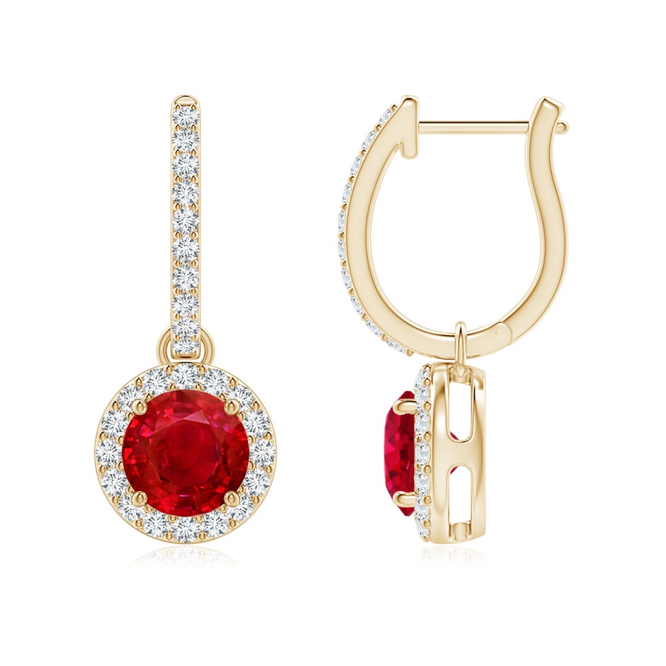 6mm AAA Round Ruby Dangle Earrings with Diamond Halo in Yellow Gold 