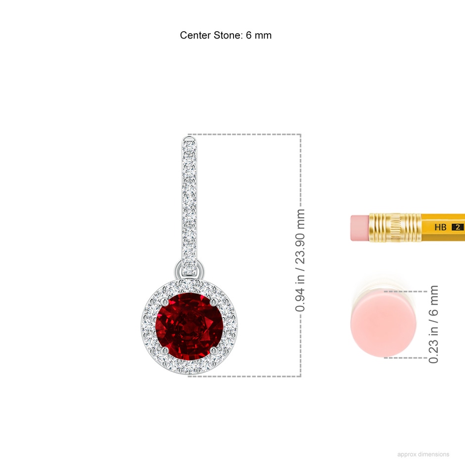 6mm AAAA Round Ruby Dangle Earrings with Diamond Halo in P950 Platinum ruler