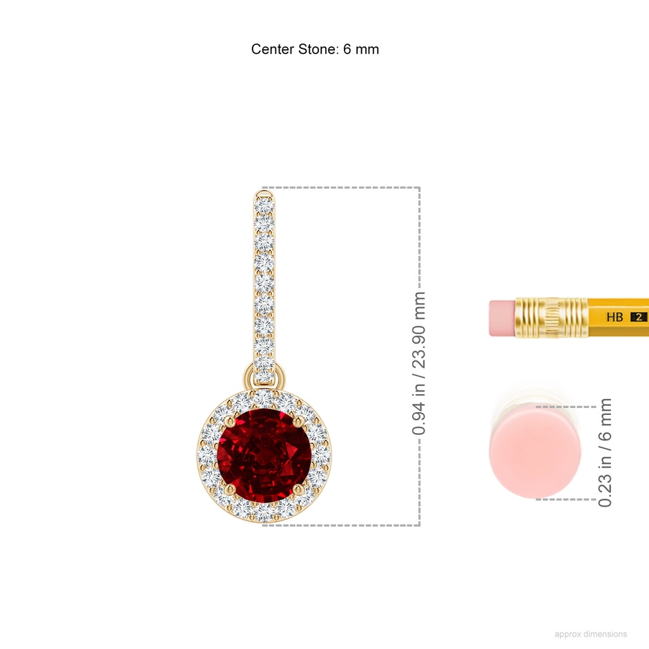 6mm AAAA Round Ruby Dangle Earrings with Diamond Halo in Yellow Gold ruler