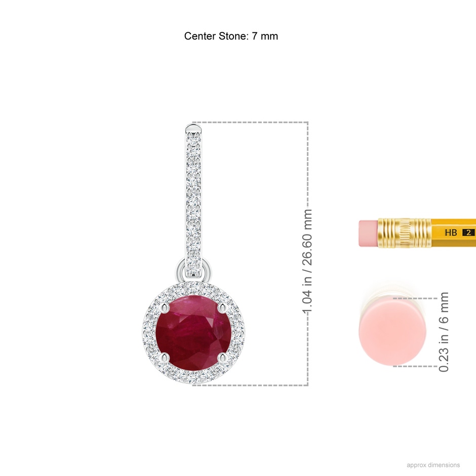 7mm A Round Ruby Dangle Earrings with Diamond Halo in P950 Platinum ruler