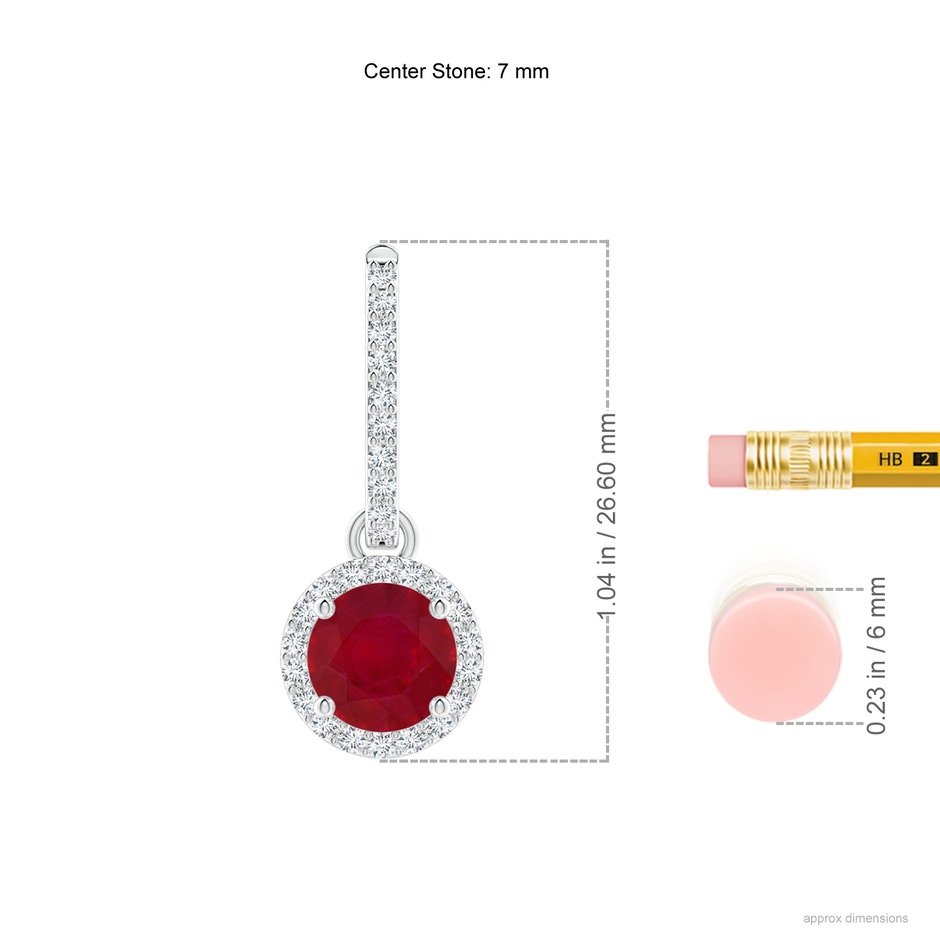 7mm AA Round Ruby Dangle Earrings with Diamond Halo in White Gold ruler