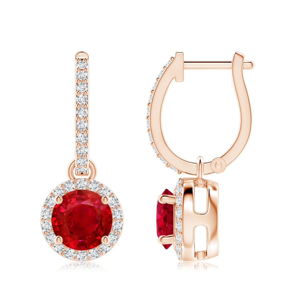 7mm AAA Round Ruby Dangle Earrings with Diamond Halo in Rose Gold 