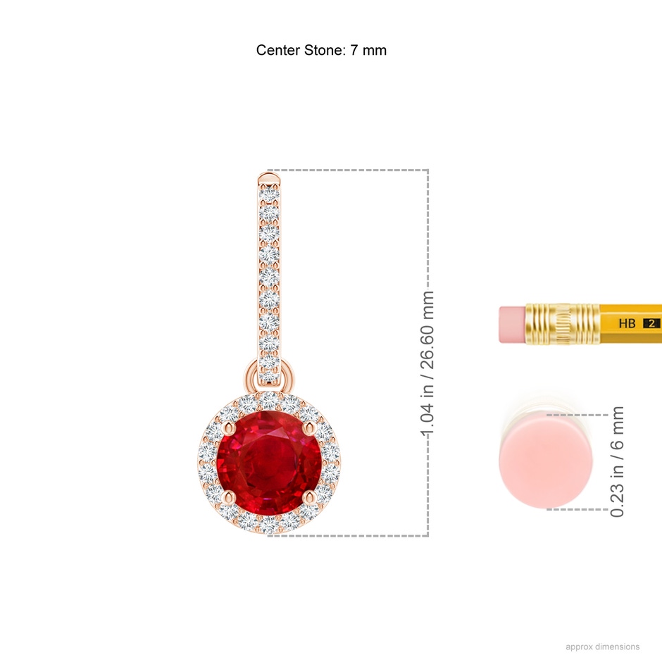 7mm AAA Round Ruby Dangle Earrings with Diamond Halo in Rose Gold ruler