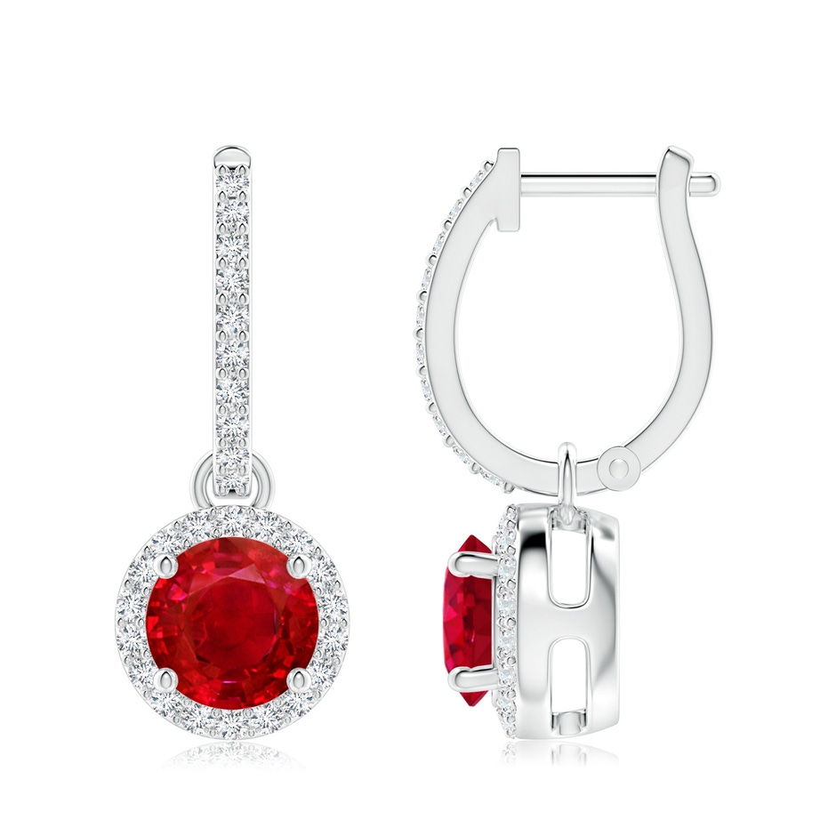 7mm AAA Round Ruby Dangle Earrings with Diamond Halo in White Gold 
