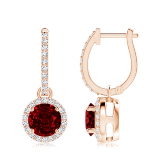 7mm AAAA Round Ruby Dangle Earrings with Diamond Halo in 18K Rose Gold