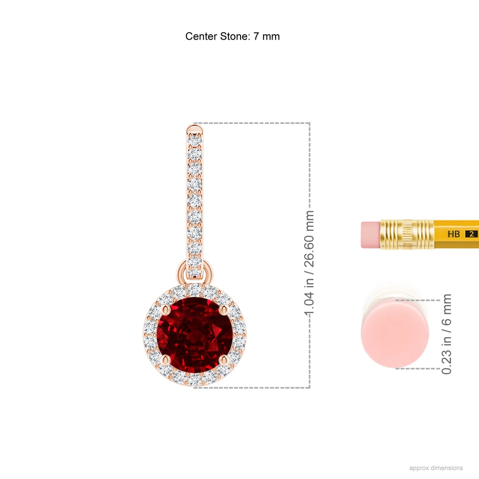 7mm AAAA Round Ruby Dangle Earrings with Diamond Halo in 18K Rose Gold ruler