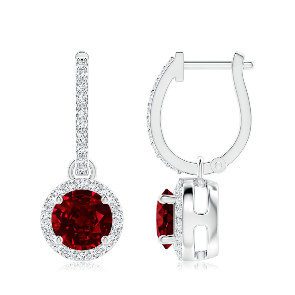 7mm AAAA Round Ruby Dangle Earrings with Diamond Halo in P950 Platinum 