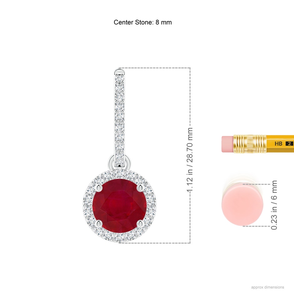 8mm AA Round Ruby Dangle Earrings with Diamond Halo in P950 Platinum ruler
