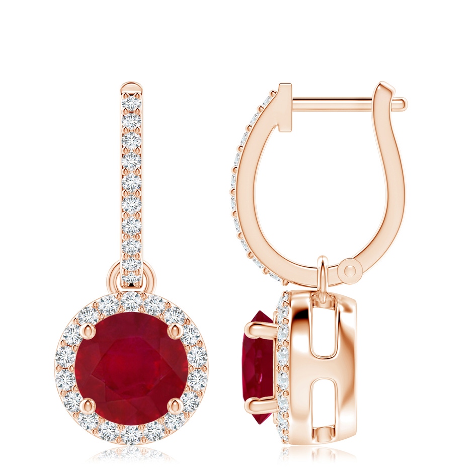8mm AA Round Ruby Dangle Earrings with Diamond Halo in Rose Gold 
