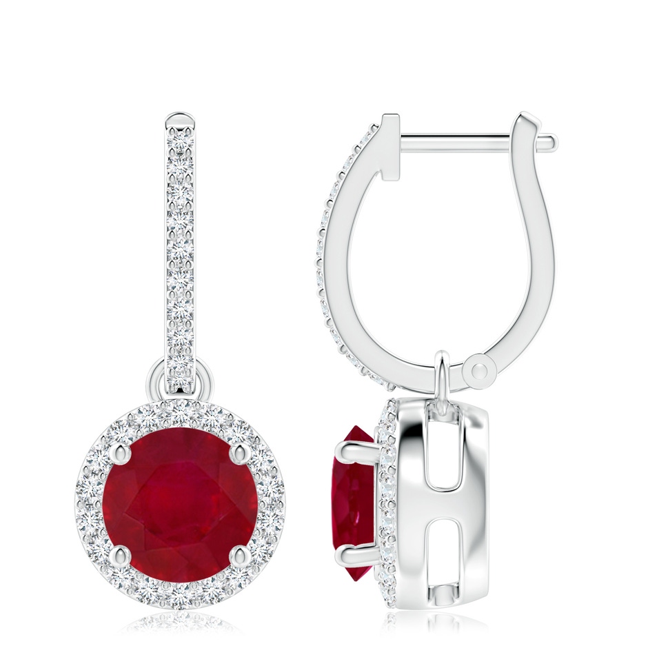 8mm AA Round Ruby Dangle Earrings with Diamond Halo in White Gold 