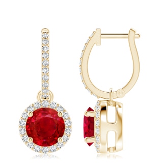 8mm AAA Round Ruby Dangle Earrings with Diamond Halo in 10K Yellow Gold