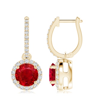 8mm AAA Round Ruby Dangle Earrings with Diamond Halo in 9K Yellow Gold