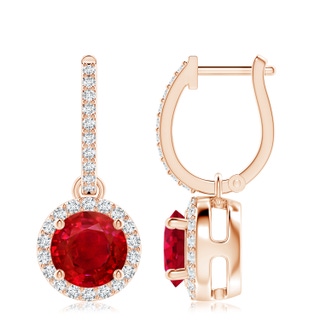 8mm AAA Round Ruby Dangle Earrings with Diamond Halo in Rose Gold