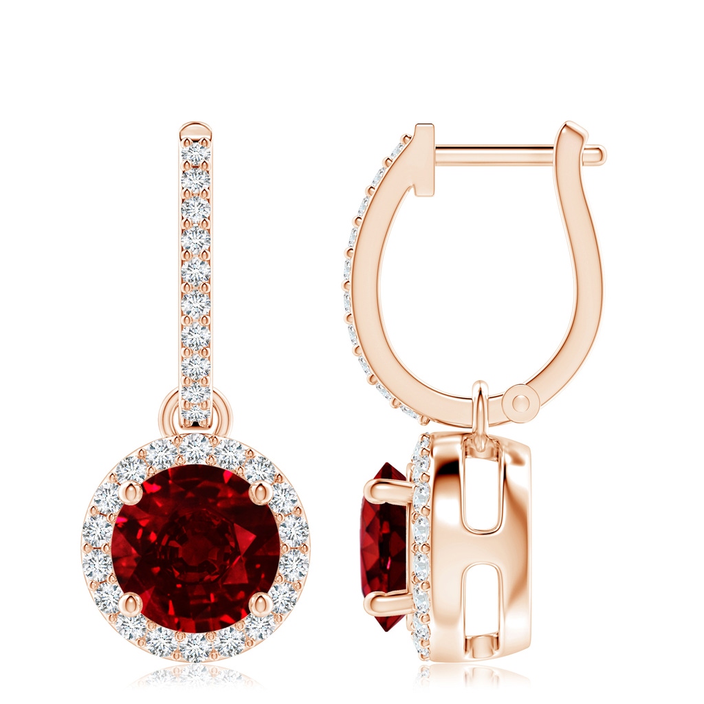 8mm AAAA Round Ruby Dangle Earrings with Diamond Halo in Rose Gold