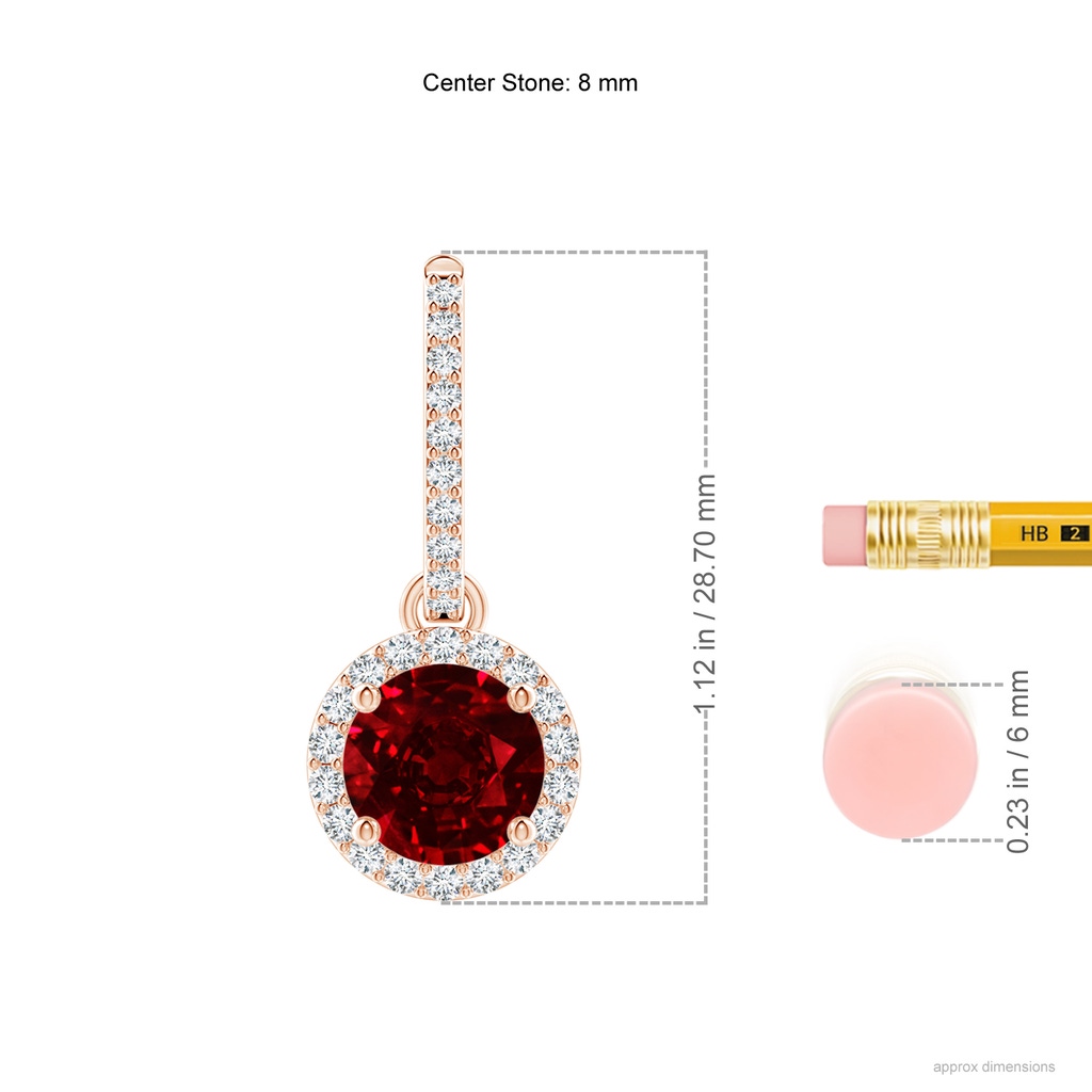 8mm AAAA Round Ruby Dangle Earrings with Diamond Halo in Rose Gold ruler